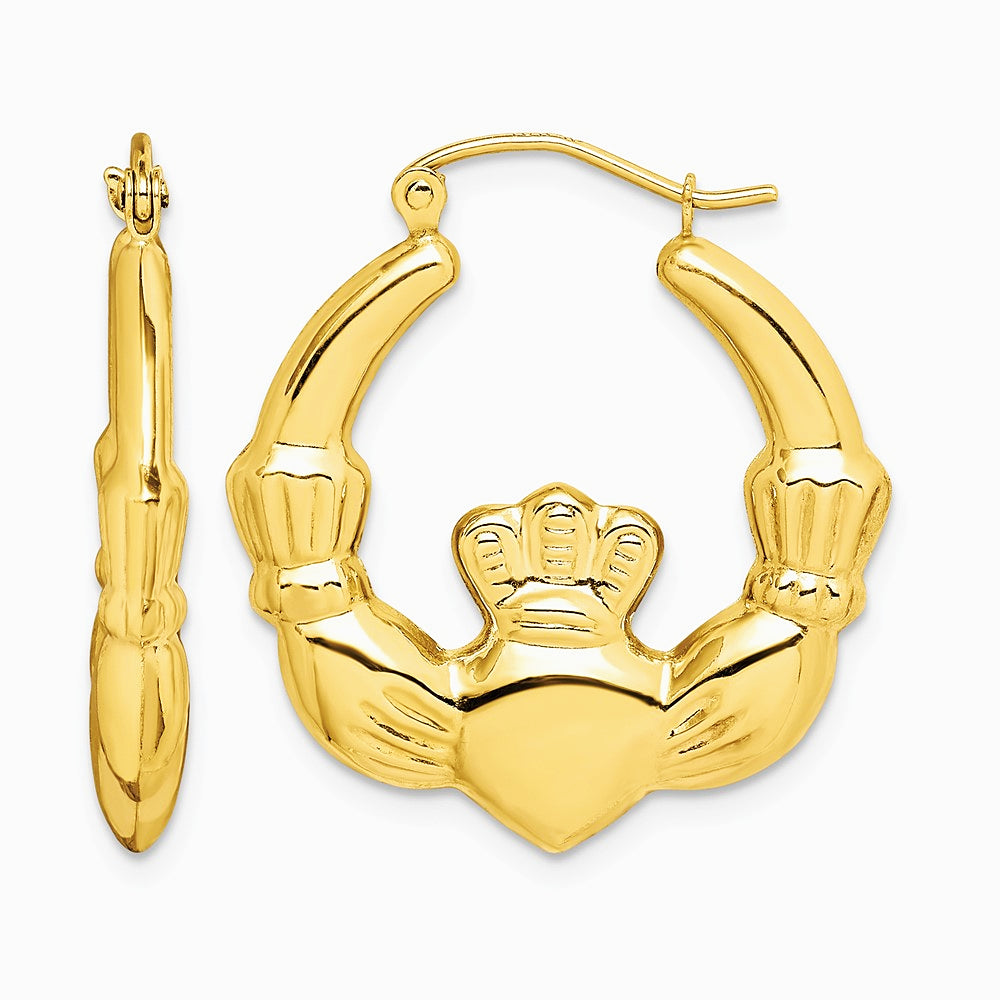 10K Yellow Gold Polished Claddagh Hoop Earrings - Product Photo