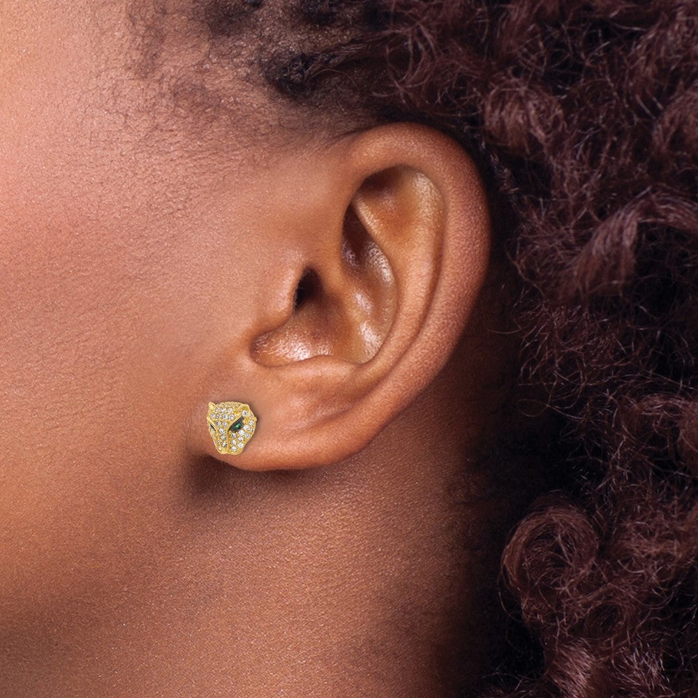 10K Polished Clear & Green CZ Lioness Head Post Earrings - Product Photo