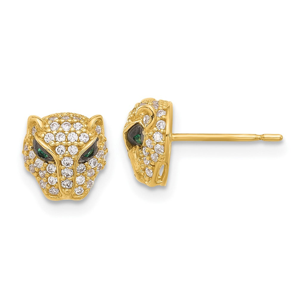 10K Yellow Gold Polished Clear & Green CZ Lioness Head Post Earrings