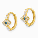10K Yellow Gold Polished Clear & Blue CZ Evil Eye Hinged Hoop Earrings - Product Photo