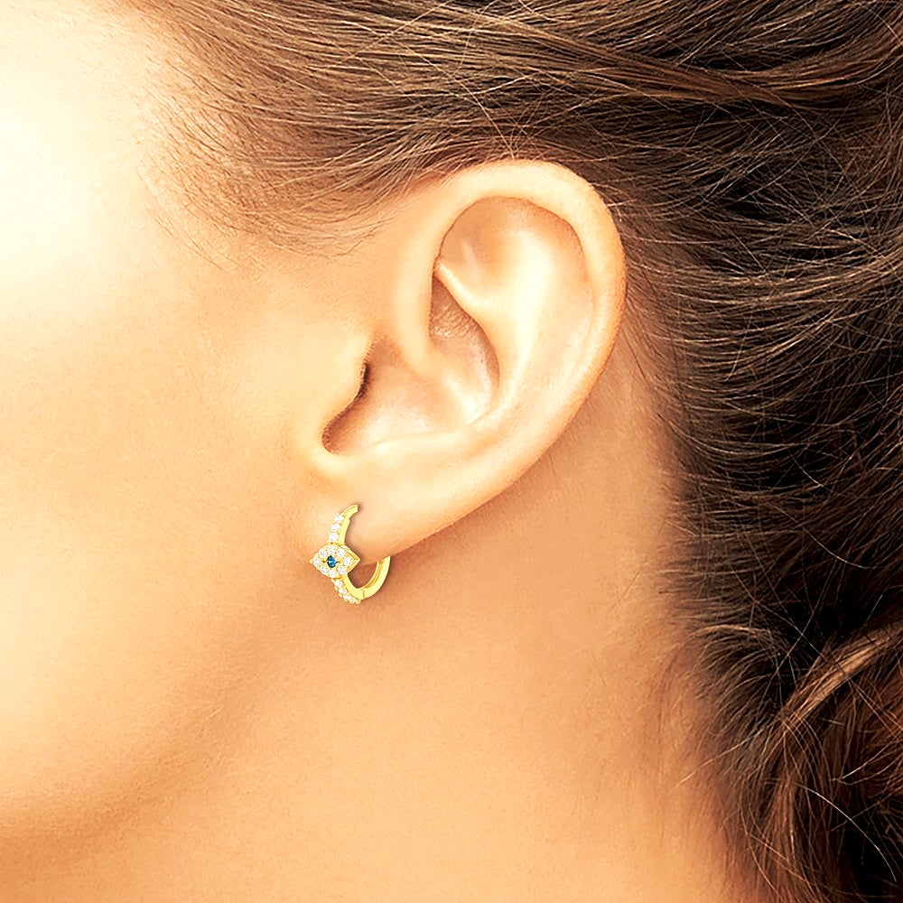 10K Yellow Gold Polished Clear & Blue CZ Evil Eye Hinged Hoop Earrings - Product Photo