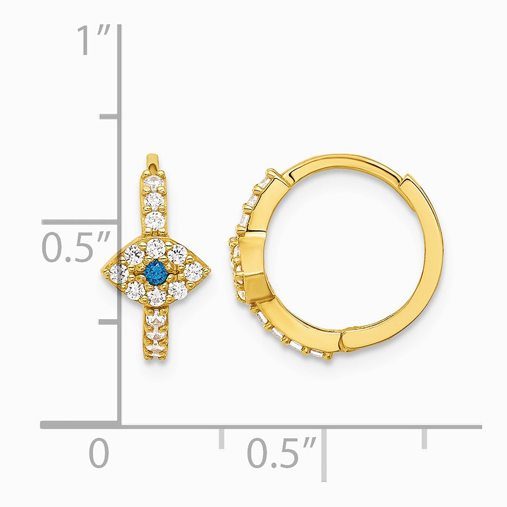 10K Yellow Gold Polished Clear & Blue CZ Evil Eye Hinged Hoop Earrings - Product Photo