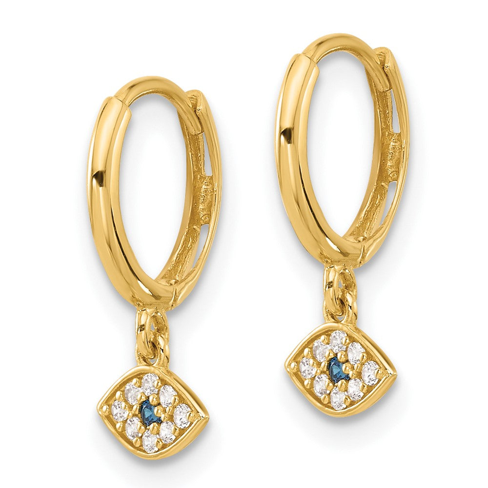 10K Polished Clear & Blue CZ Dangle Evil Eye Hinged Hoop Earrings - Product Photo
