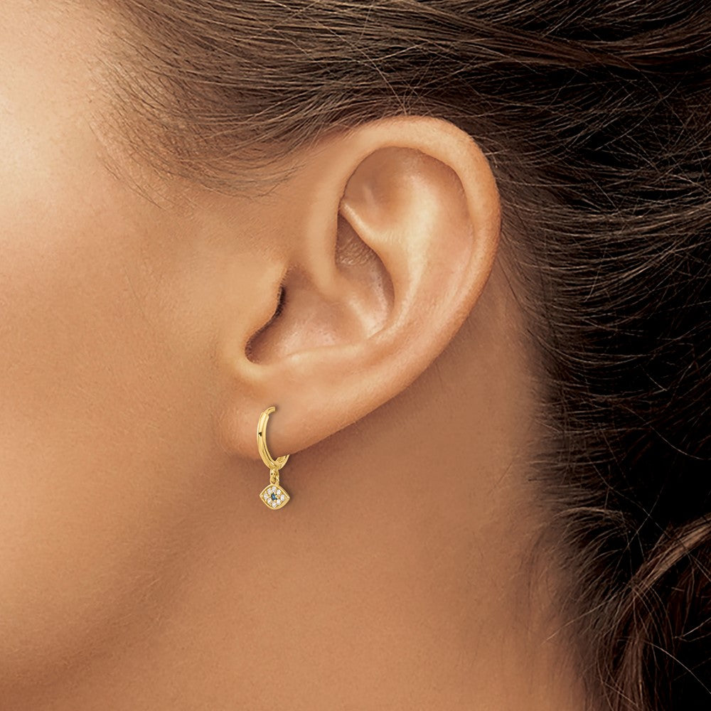 10K Polished Clear & Blue CZ Dangle Evil Eye Hinged Hoop Earrings - Product Photo