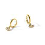 10K Polished Clear & Blue CZ Dangle Evil Eye Hinged Hoop Earrings - Product Photo
