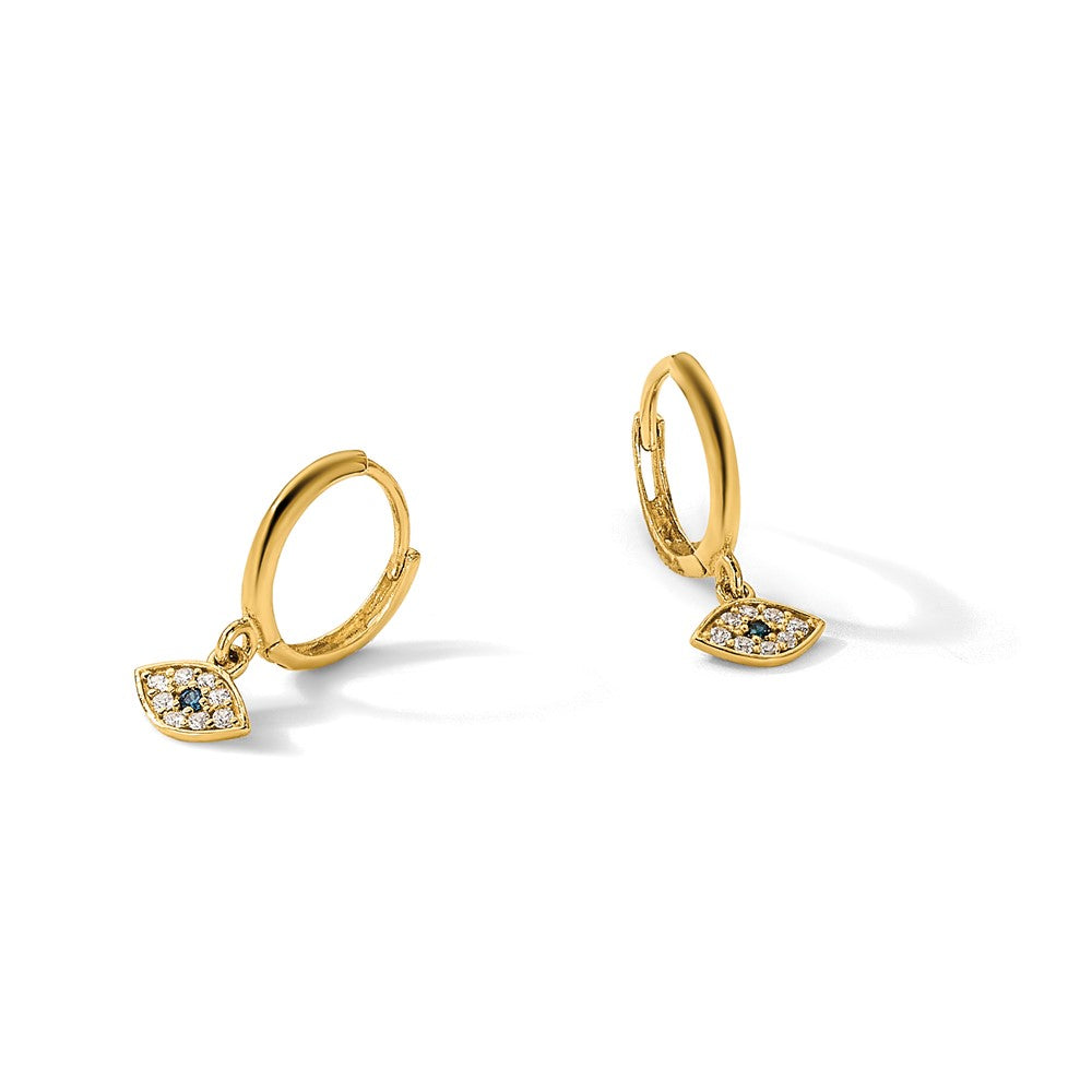 10K Polished Clear & Blue CZ Dangle Evil Eye Hinged Hoop Earrings - Product Photo