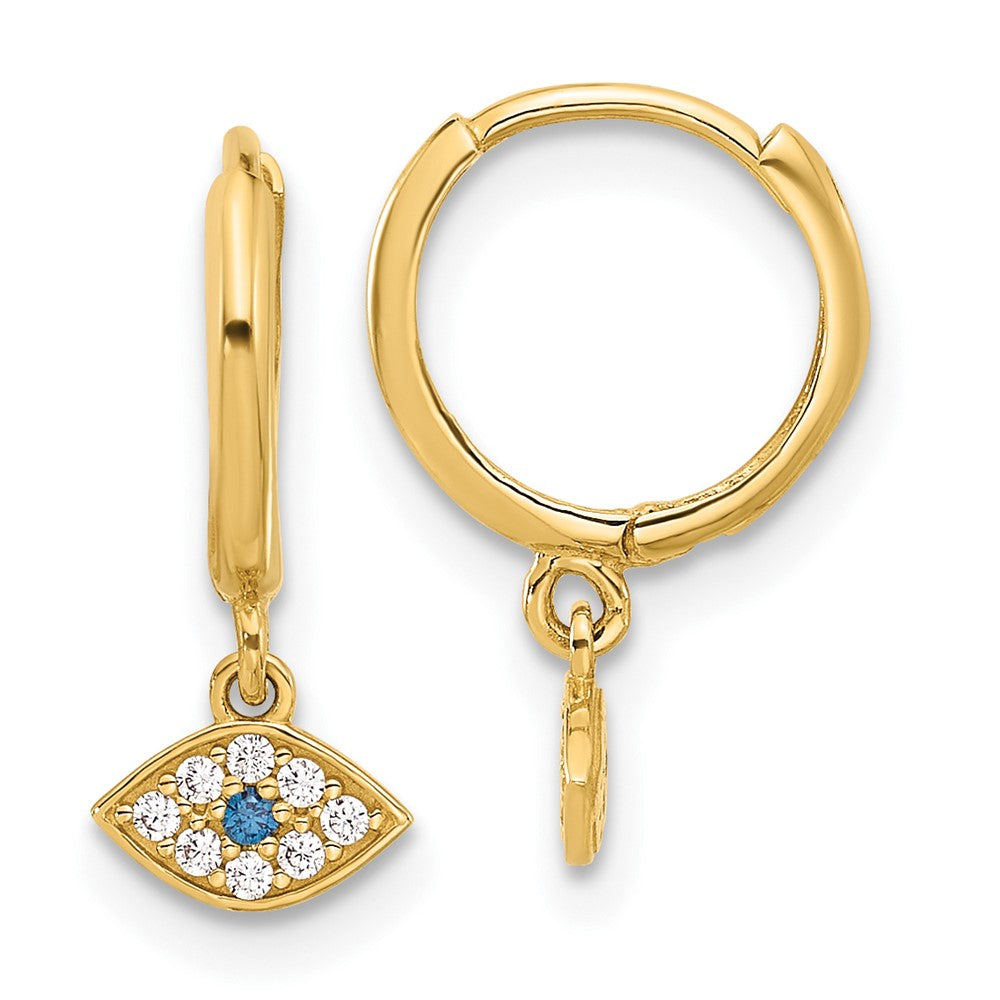 10K Polished Clear & Blue CZ Dangle Evil Eye Hinged Hoop Earrings - Product Photo
