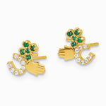 10K Yellow Gold Polished Green & Clear CZ Good Luck Post Earrings - Product Photo
