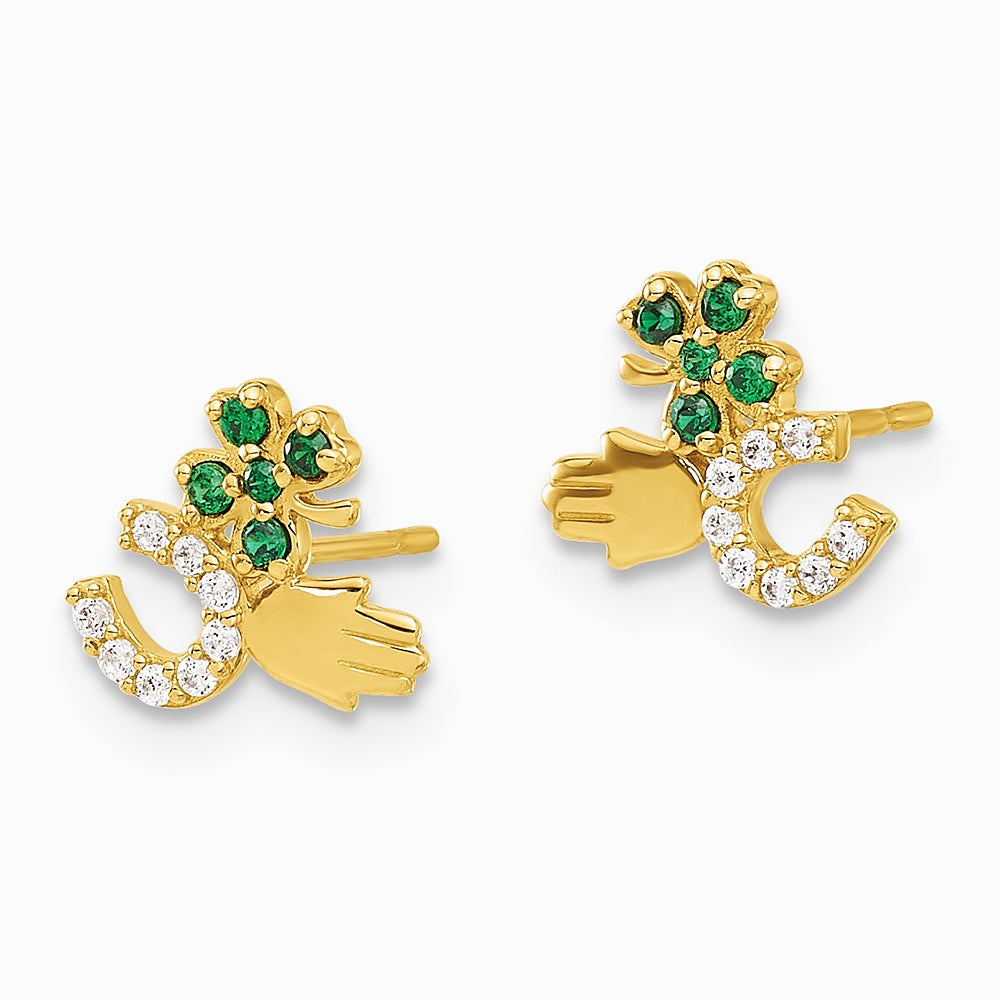 10K Yellow Gold Polished Green & Clear CZ Good Luck Post Earrings - Product Photo