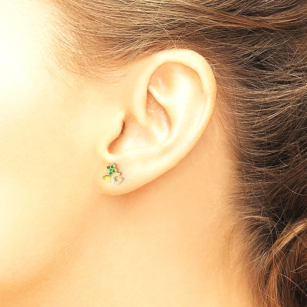 10K Yellow Gold Polished Green & Clear CZ Good Luck Post Earrings - Product Photo