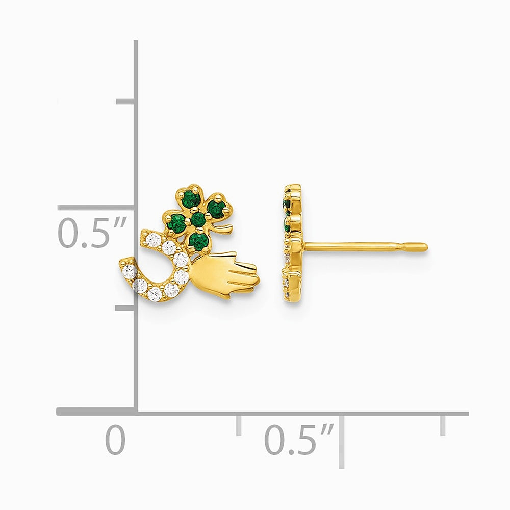 10K Yellow Gold Polished Green & Clear CZ Good Luck Post Earrings - Product Photo