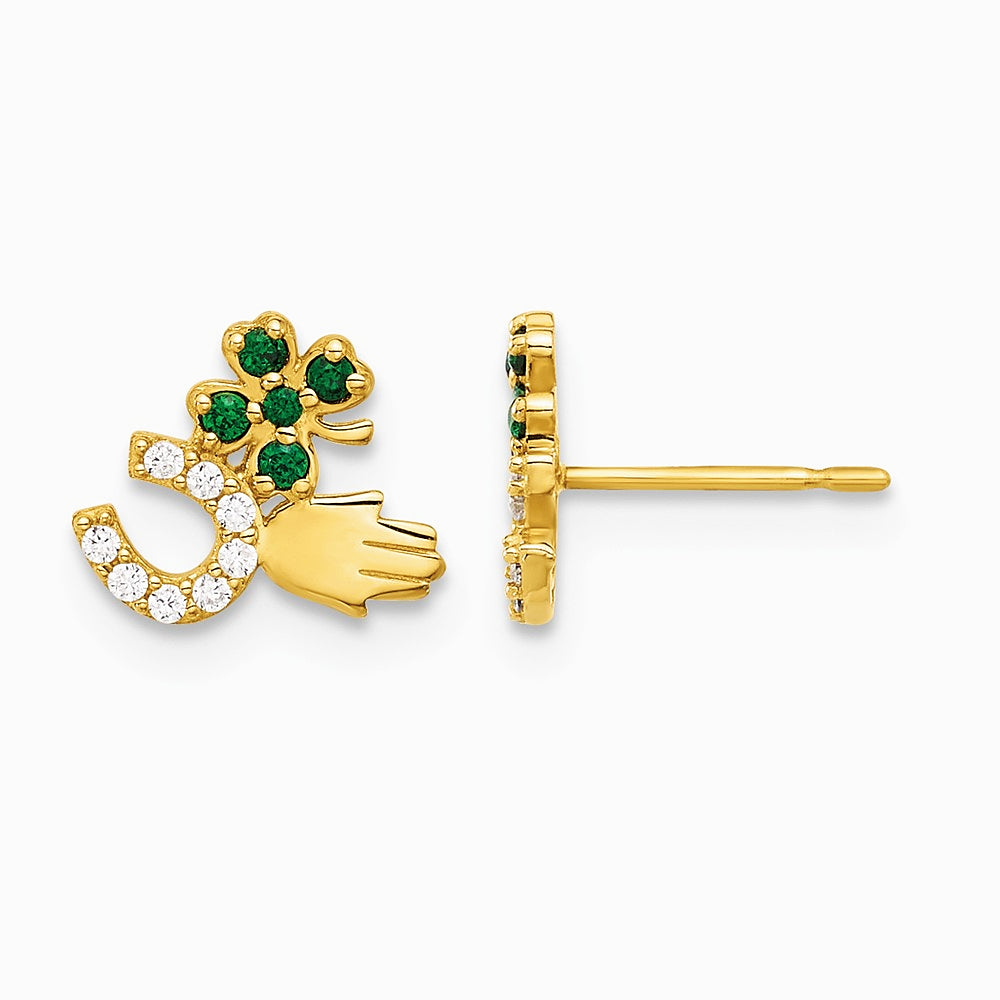 10K Yellow Gold Polished Green & Clear CZ Good Luck Post Earrings