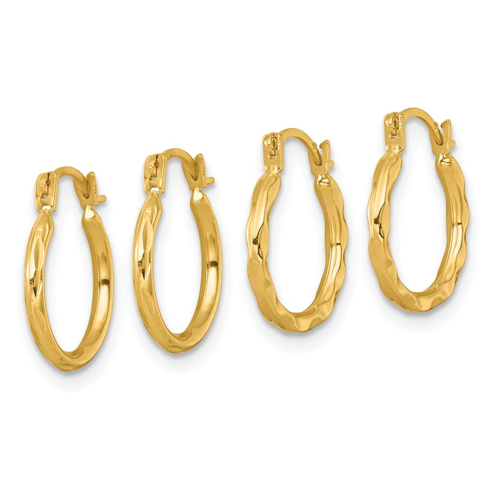 10K Yellow Gold Diamond-Cut and Textured Set of Two Pairs Hoop Earrings
