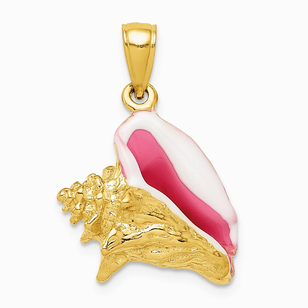 10K / 14K Yellow Gold Pol. 3-Dimensional Pink & White Enameled Conch Shell - Product Photo