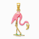 10K / 14K Yellow Gold Enameled 3-D Pink Flamingo Pendant - Product Photo