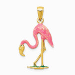 10K / 14K Yellow Gold Enameled 3-D Pink Flamingo Pendant - Product Photo