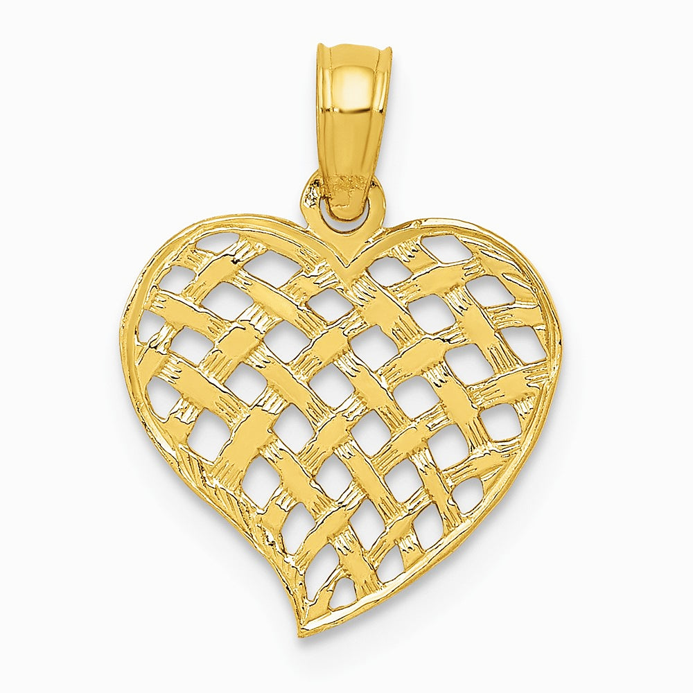 10K / 14K Yellow Gold Polished Basket Weave Pattern Heart Pendant - Product Photo