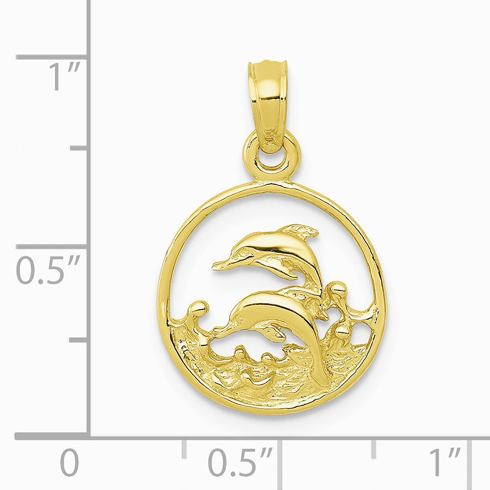 10K / 14K Yellow Gold Double Dolphin Circle Pendant - Product Photo