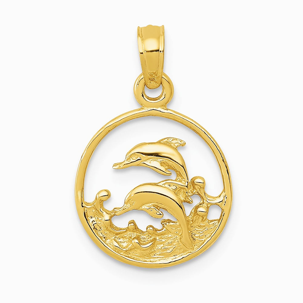 10K / 14K Yellow Gold Double Dolphin Circle Pendant - Product Photo
