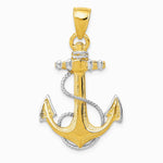 10K / 14K Yellow with Rhodium Yellow Gold W/ Rhodium Anchor with Rope Pendant - Product Photo