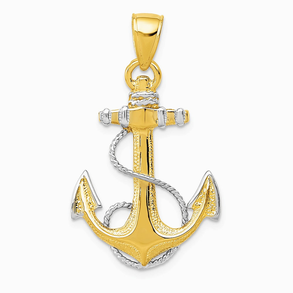 10K / 14K Yellow with Rhodium Yellow Gold W/ Rhodium Anchor with Rope Pendant - Product Photo