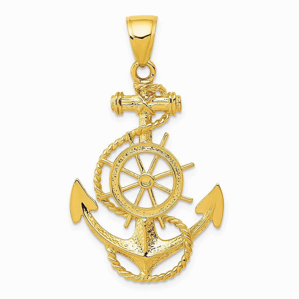 10K / 14K Yellow Gold Large Anchor with Wheel Pendant - Product Photo