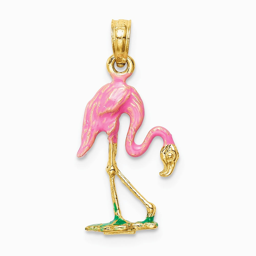 10K / 14K Yellow Gold 3-D Enameled Pink Flamingo Pendant - Product Photo