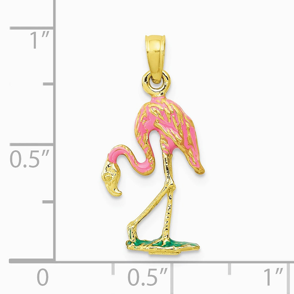 10K / 14K Yellow Gold 3-D Enameled Pink Flamingo Pendant - Product Photo