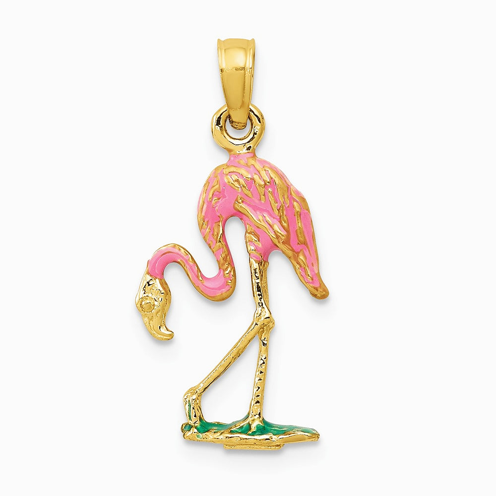 10K / 14K Yellow Gold 3-D Enameled Pink Flamingo Pendant