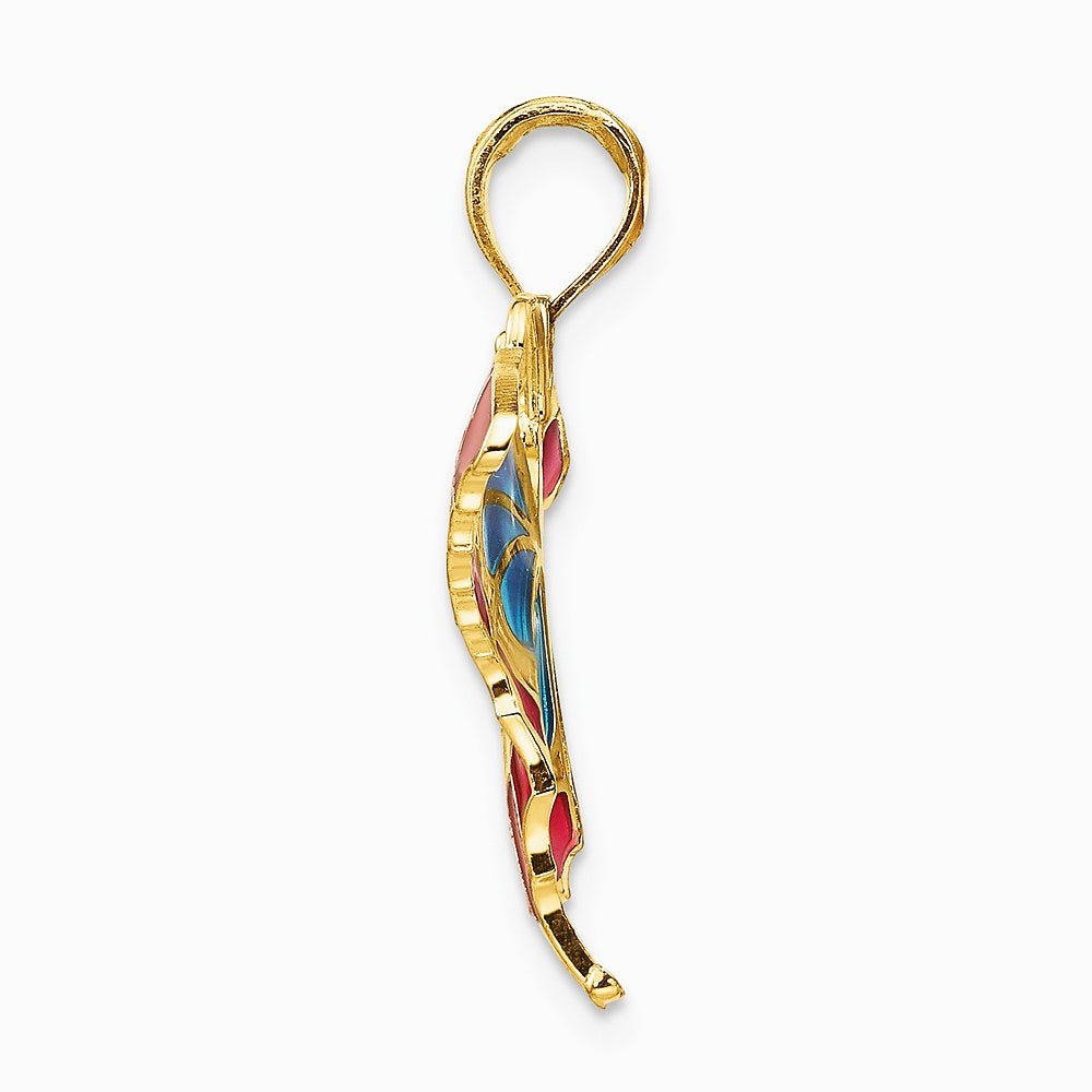 10K / 14K Yellow Gold Blue & Red Enameled Butterfly Pendant - Product Photo