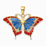 10K / 14K Yellow Gold Blue & Red Enameled Butterfly Pendant - Product Photo