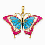 10K / 14K Yellow Gold Blue & Red Enameled Butterfly Pendant - Product Photo