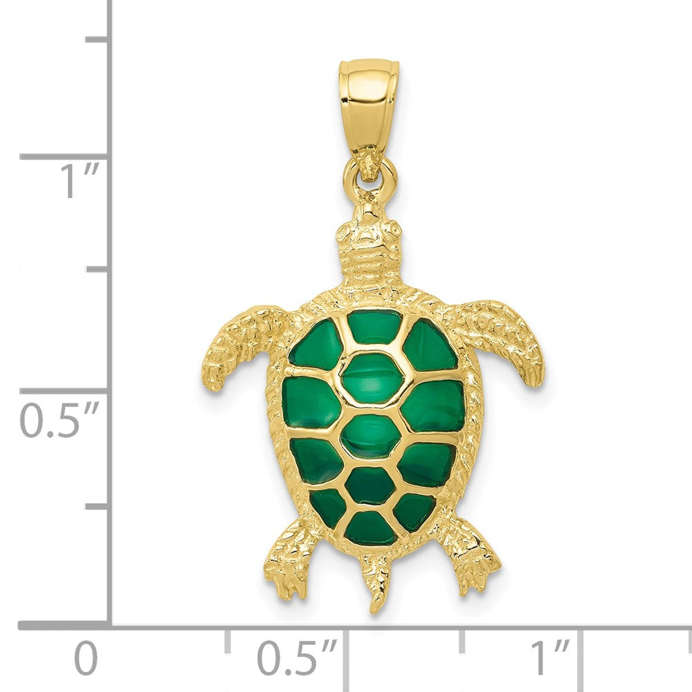 10K / 14K Yellow Gold Green Enameled Sea Turtle Pendant - Product Photo