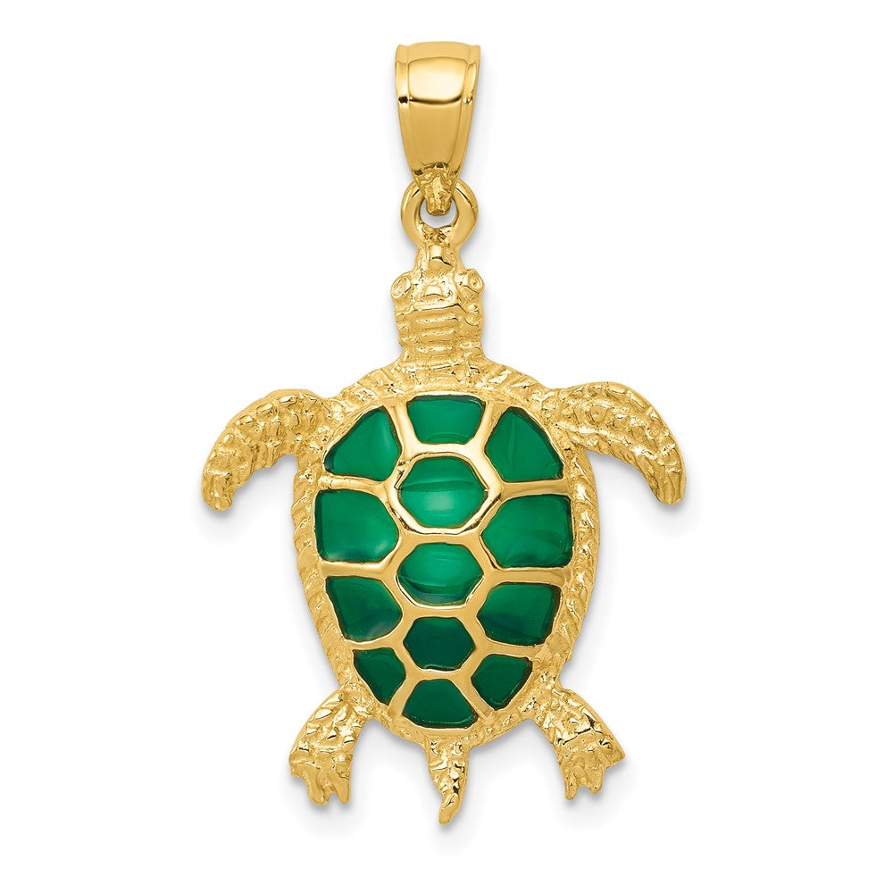 10K / 14K Yellow Gold Green Enameled Sea Turtle Pendant