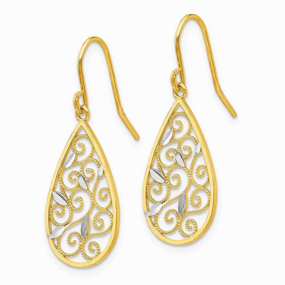 10K Yellow with RH White RH Diamond-cut Filigree Teardrop Wire Earrings - Product Photo