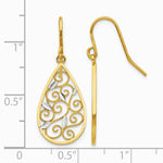 10K Yellow with RH White RH Diamond-cut Filigree Teardrop Wire Earrings - Product Photo