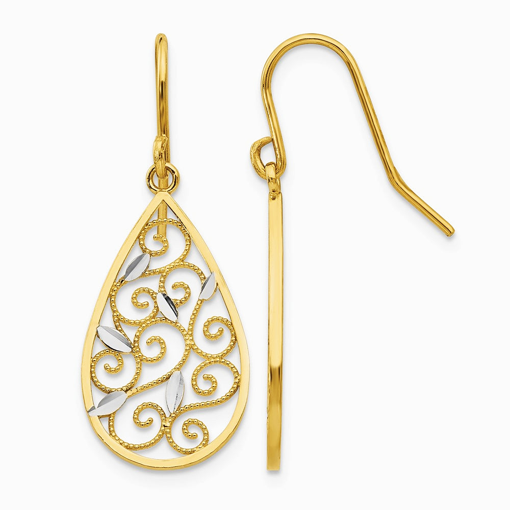 10K Yellow with RH White RH Diamond-cut Filigree Teardrop Wire Earrings - Product Photo