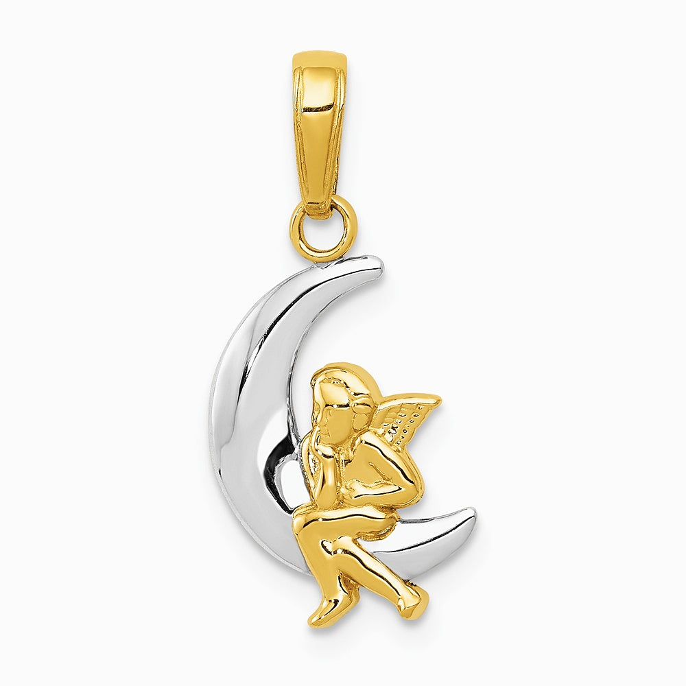 10K / 14K Yellow with Rhodium & Rhodium Polished Moon w/ Angel Pendant - Product Photo