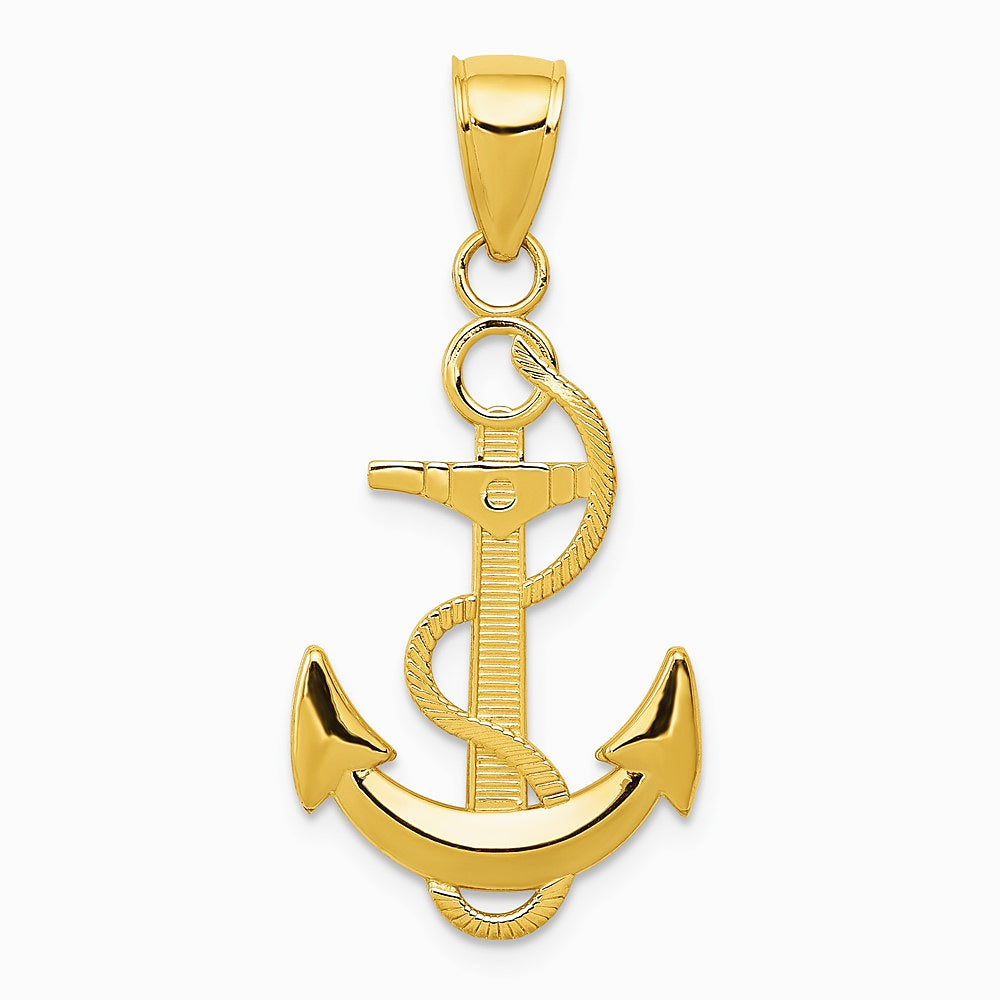 10K / 14K Yellow Gold Polished Anchor with Textured Rope - Product Photo