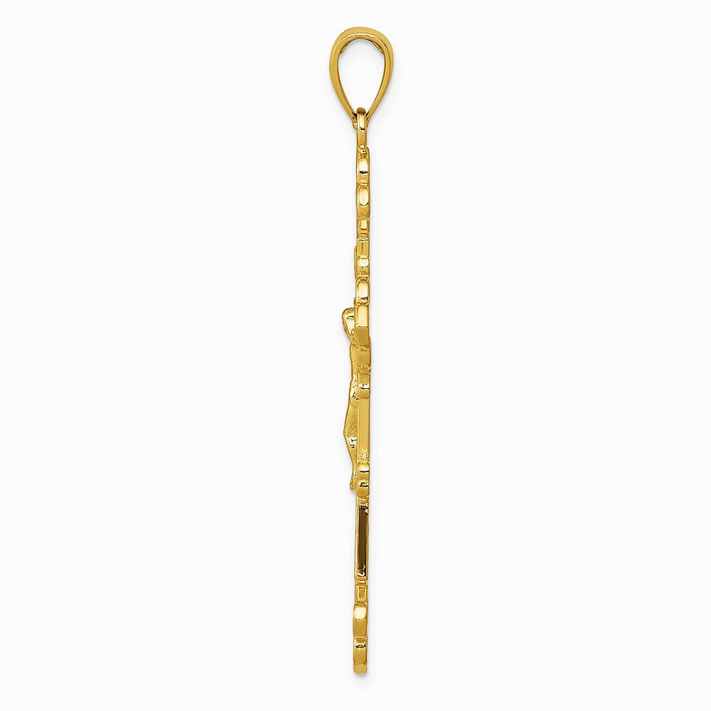 10K / 14K Yellow Gold Polished Textured INRI Crucifix Fleur de Lis Pendant - Product Photo