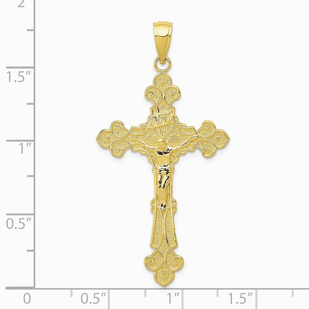 10K / 14K Yellow Gold Polished Textured INRI Crucifix Fleur de Lis Pendant - Product Photo