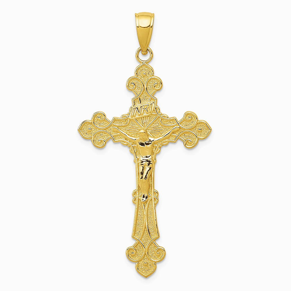 10K / 14K Yellow Gold Polished Textured INRI Crucifix Fleur de Lis Pendant - Product Photo