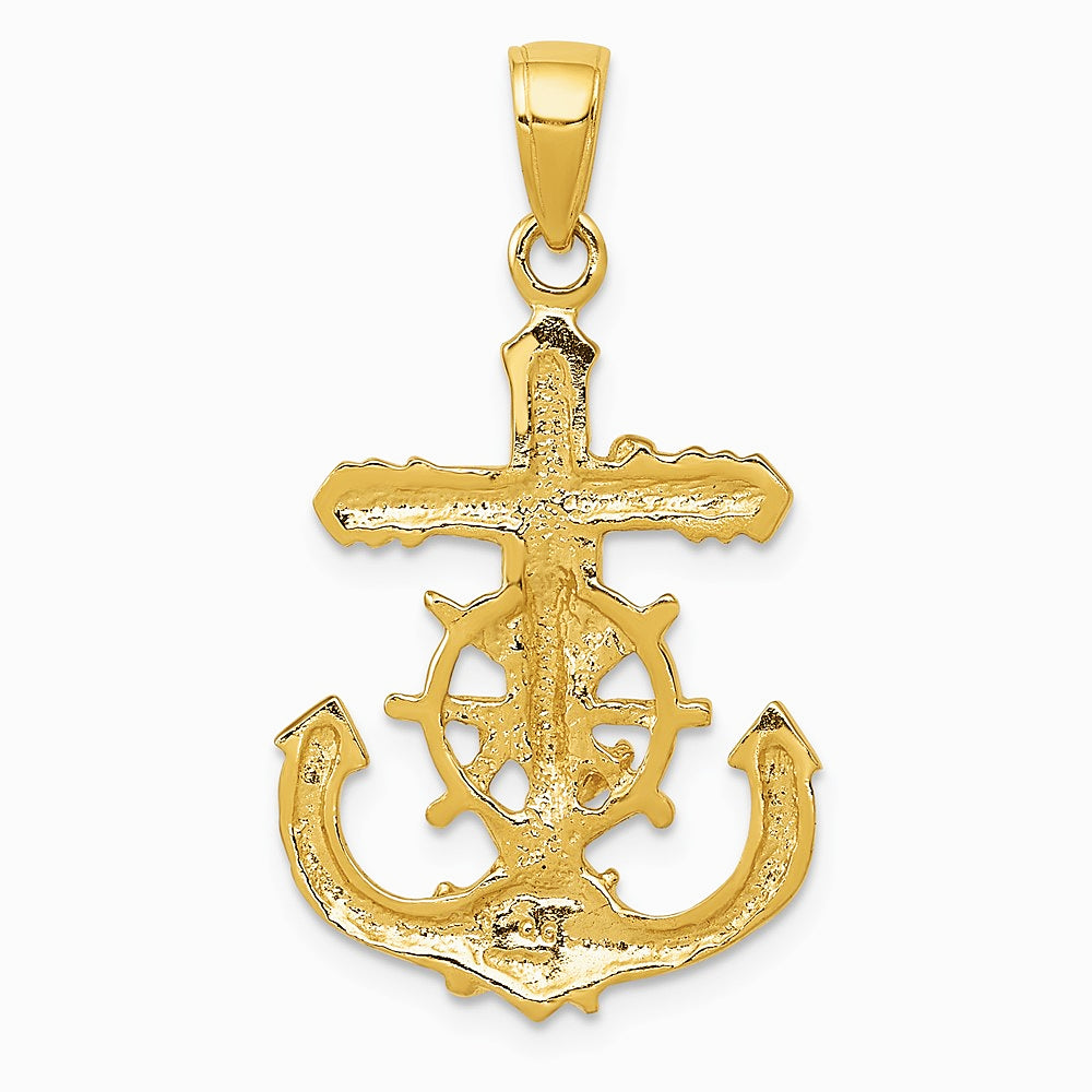 10K / 14K Yellow Gold Pol. & Textured 2-D Mariners Crucifix Rope/Wheel Pendant - Product Photo