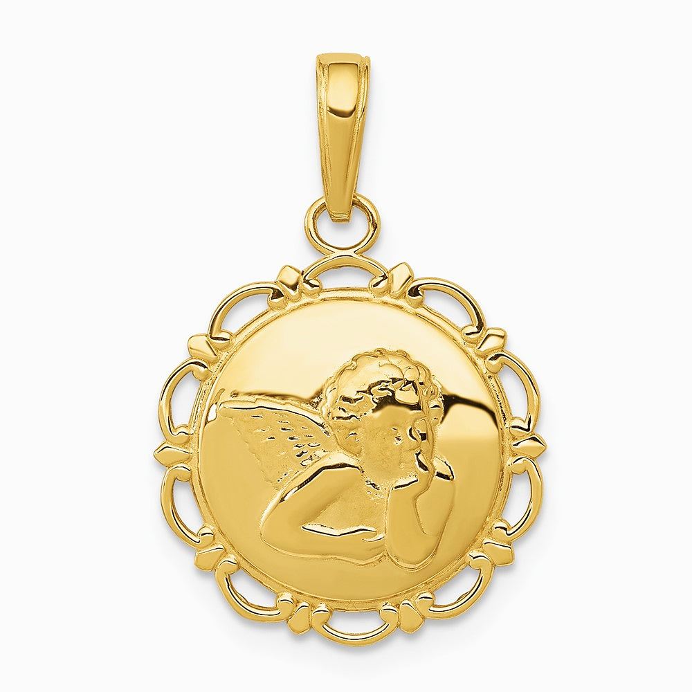 10K / 14K Yellow Gold Gold Polished Angel/Cherub on Round Scallop Frame Pendant - Product Photo