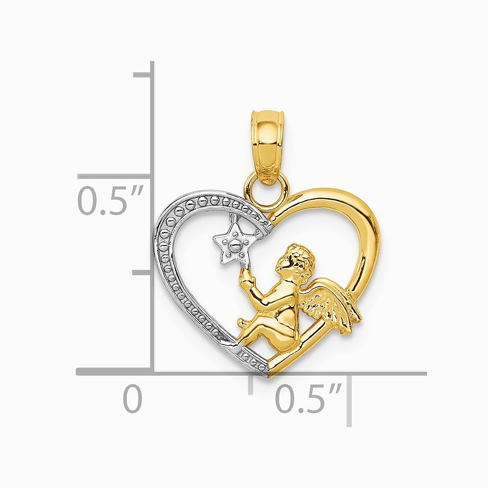 10K / 14K Yellow with Rhodium with Rhodium Angel in Heart w/ Star Pendant - Product Photo