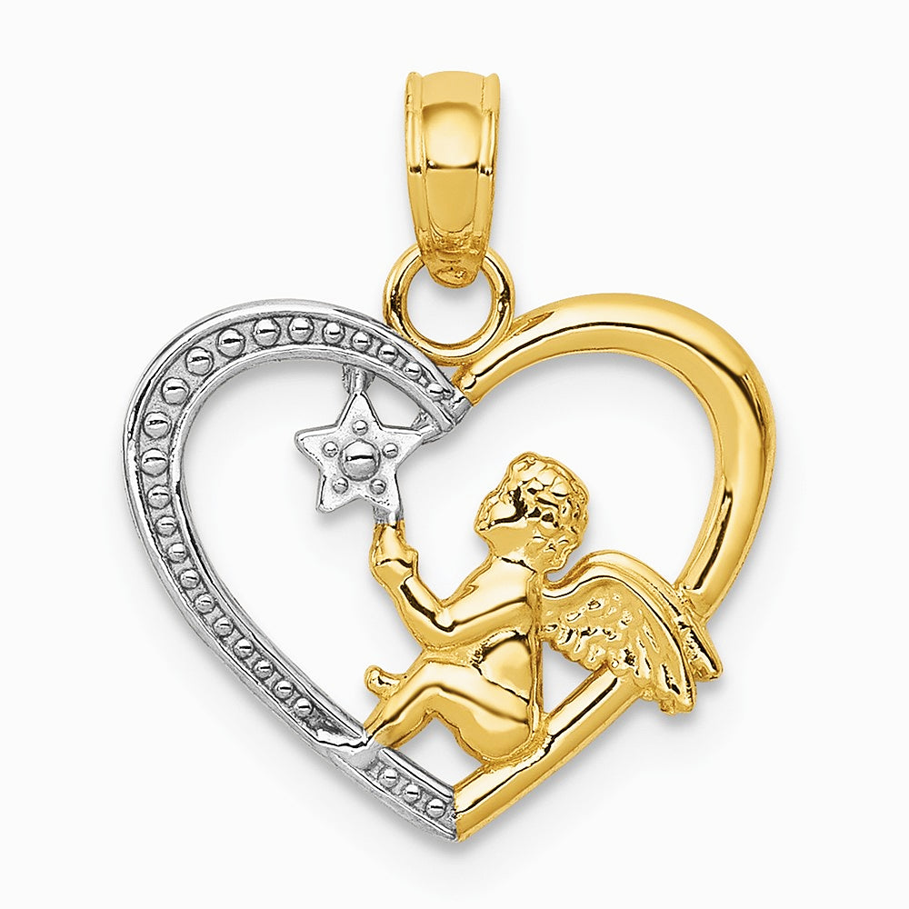 10K / 14K Yellow with Rhodium with Rhodium Angel in Heart w/ Star Pendant - Product Photo