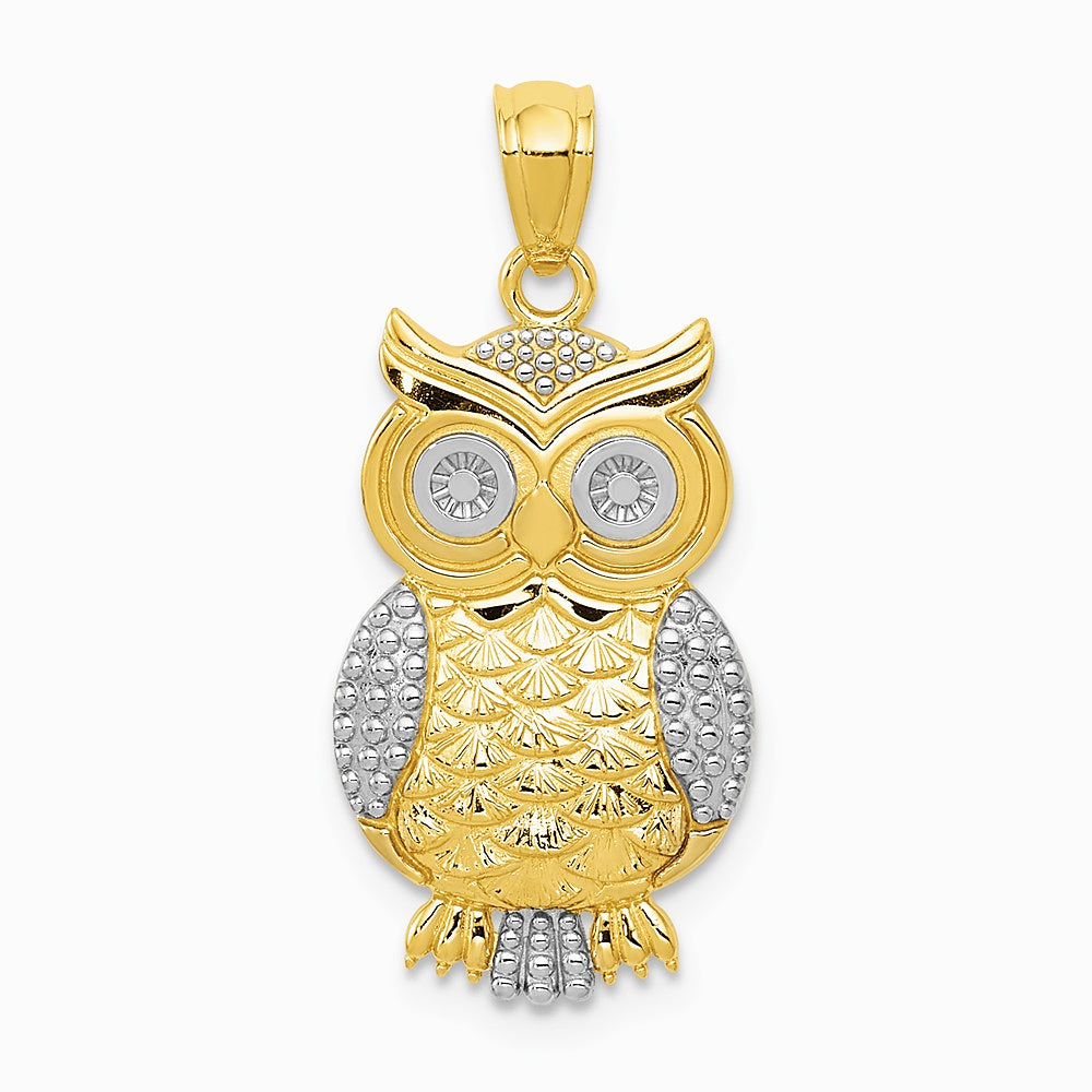 10K / 14K Yellow with Rhodium & Rhodium Polished & Textured Owl Pendant