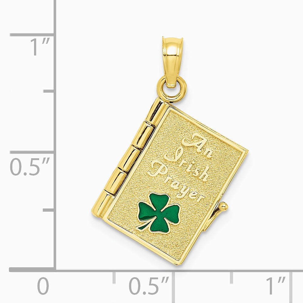 10K / 14K Yellow Gold 3-D Moveable Enameled AN IRISH PRAYER Book w/ Clover Charm - Product Photo