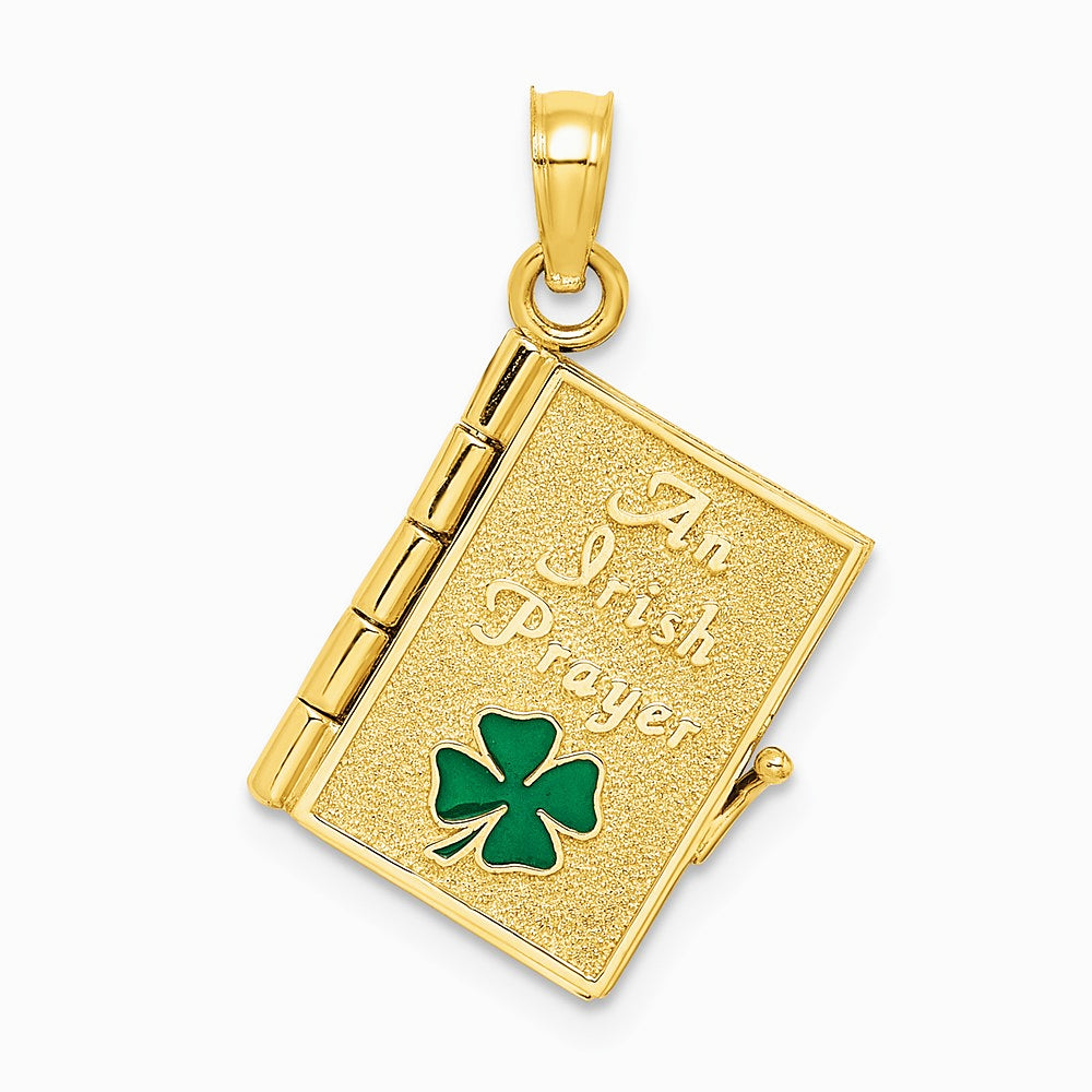 10K / 14K Yellow Gold 3-D Moveable Enameled AN IRISH PRAYER Book w/ Clover Charm - Product Photo