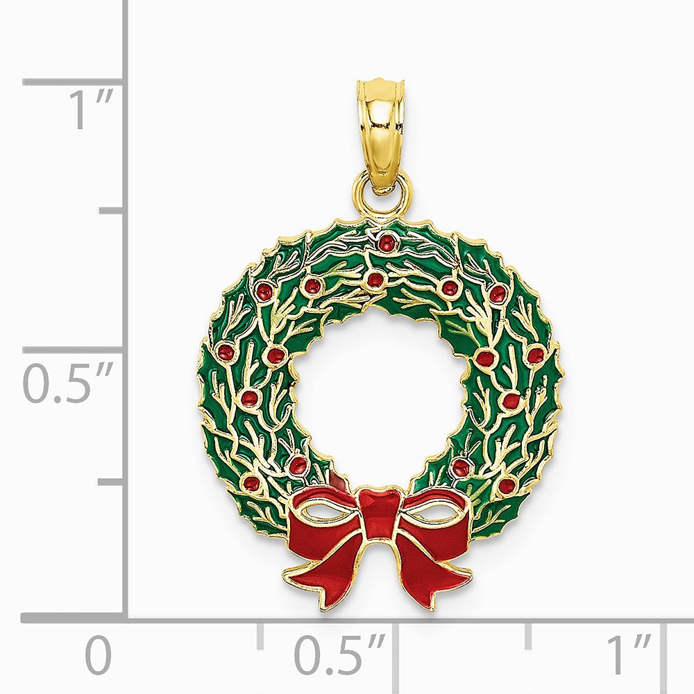 10K / 14K Yellow Gold Enamel Christmas Wreath Charm - Product Photo